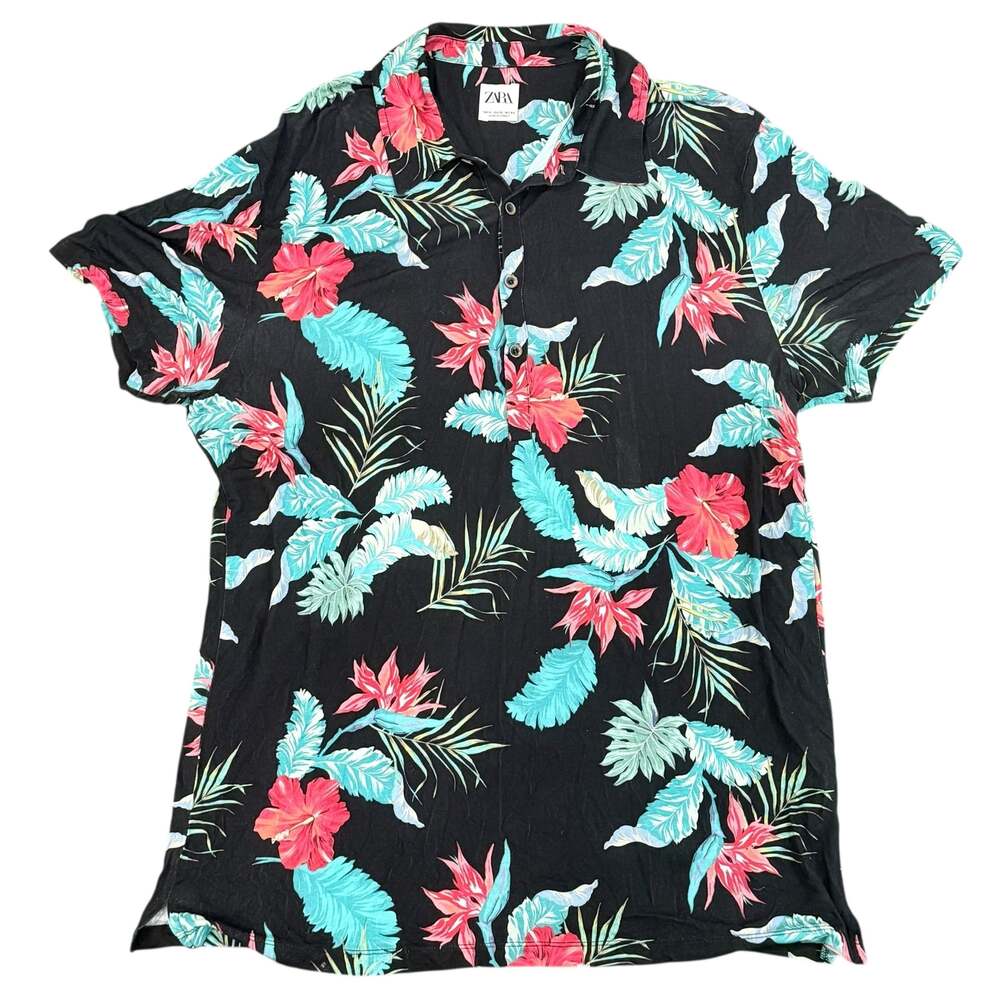 ZARA Men's Tropical Floral Hibiscus Print Short Sleeve Button Up Polo Shirt
